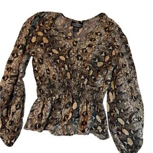 Angie Animal Print Long Sleeve Peplum Top Size S Boho Snakeskin